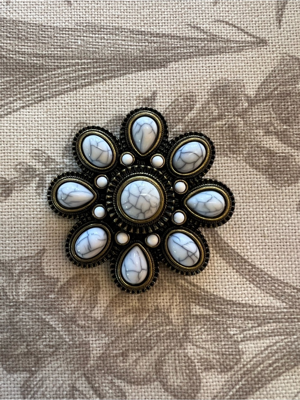 Premiere Design Western Faux White Howlite & Antique Brass Flower Brooc